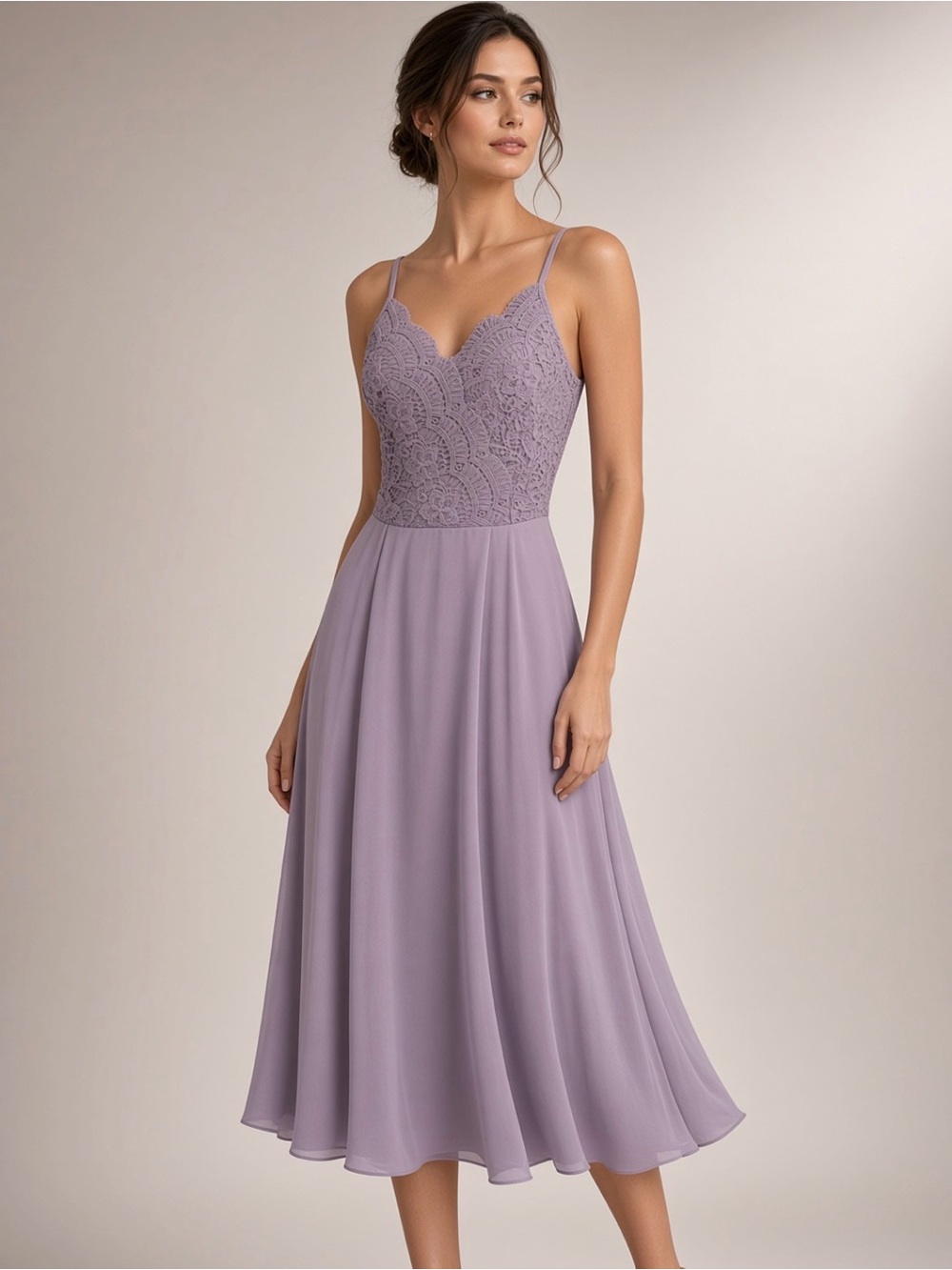 Grace Karin Dusty Lavender Lace Bodice Midi Dress